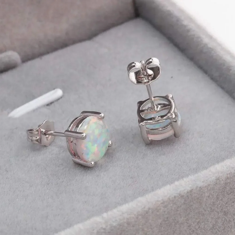 NEW 18K Gold Plated Stainless Steel Post Elegant Silver Opal Stud Earrings